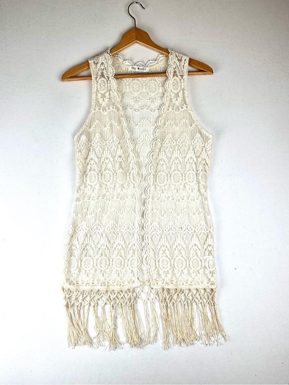 Say What? Crochet Lace Open Front Vest Fridge Boho Festival Hippie Cowgirl